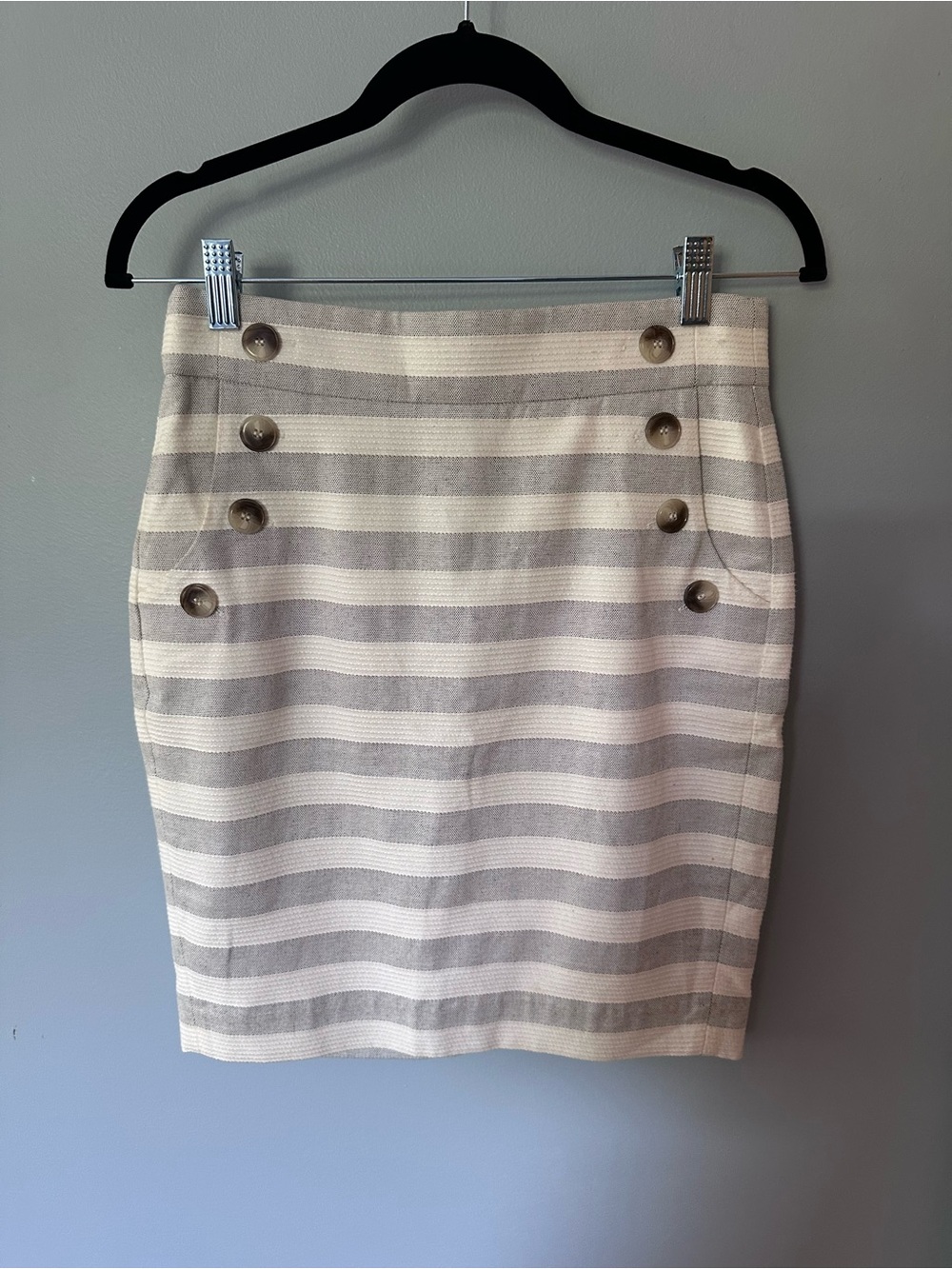 Striped Gray and Cream Button-Front Pencil Skirt !with pockets!